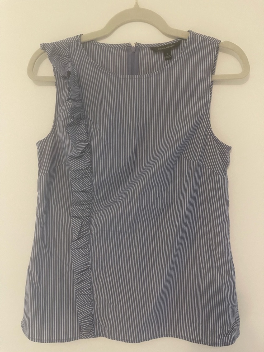 Banana Republic Sleeveless Blue Pinstripe Ruffle Front Top